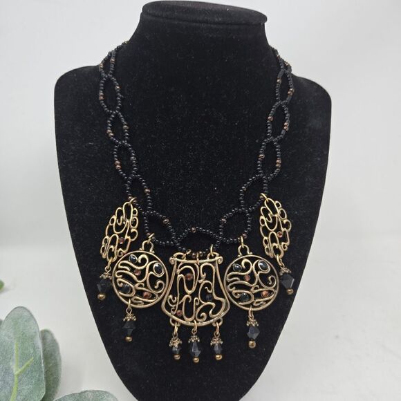 CHICO'S Gold Black Beaded Bohemian Boho Seed Bed Pendant Necklace - Picture 2 of 5